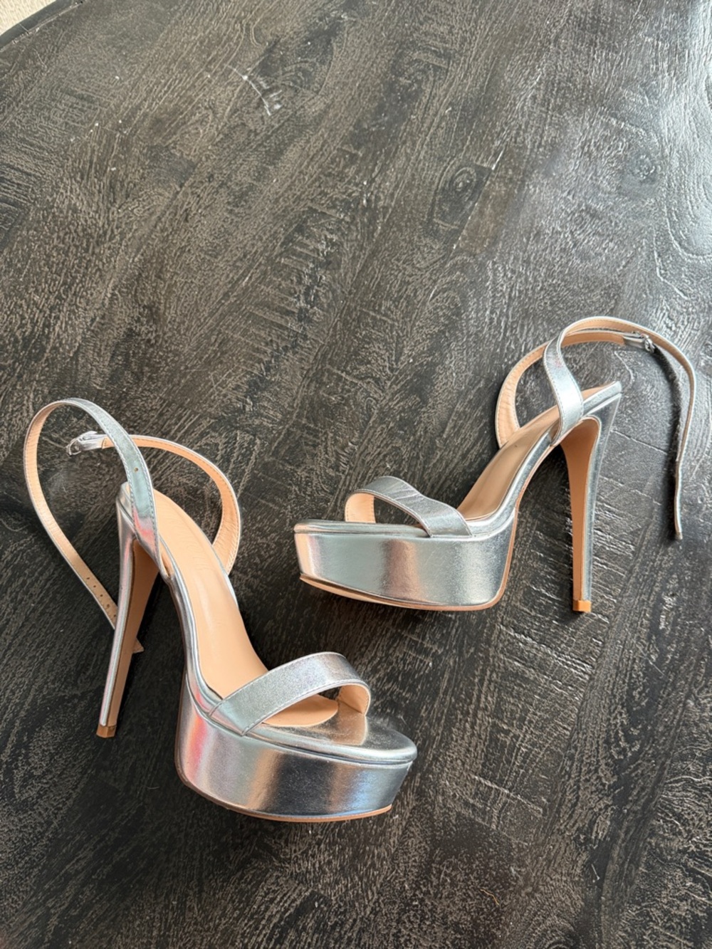 Metallic Silver Platform Stiletto Sandals with Ankle Strap